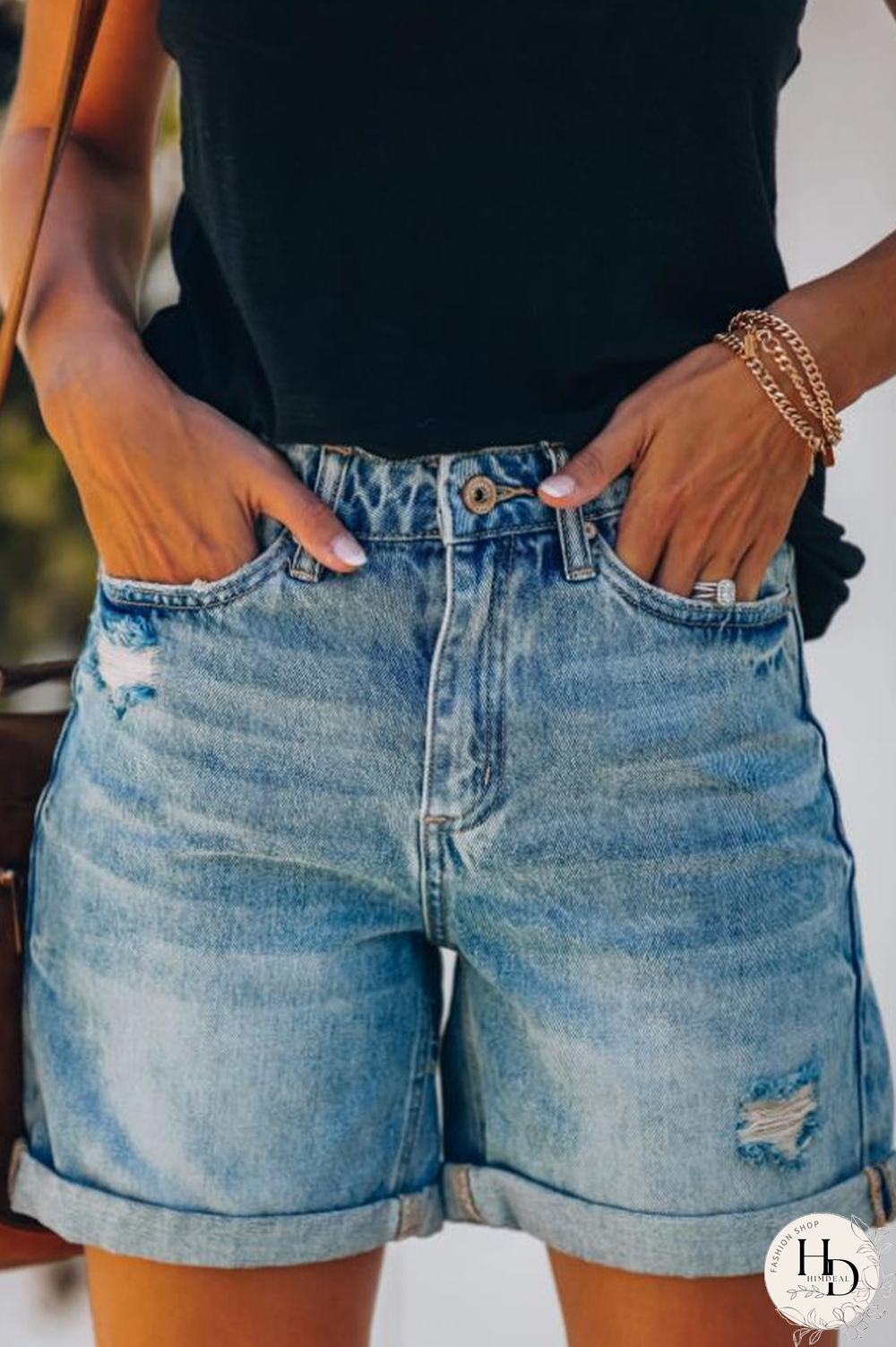 Casual Solid Split Joint Mid Waist Straight Denim Shorts