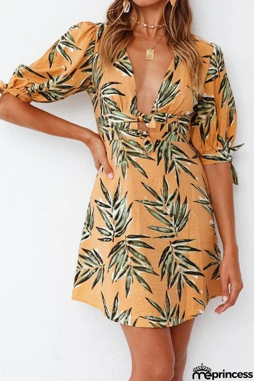 Bamboo Leaves V Neck High Waist Dress