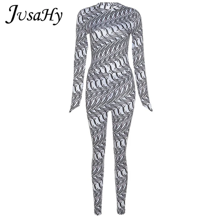 JuSaHy Y2K Aesthetic Print Jumpsuit for Women Long Sleeves Stretched Slim Bodycon Body-Shaping Outfits Casual Streetwear New