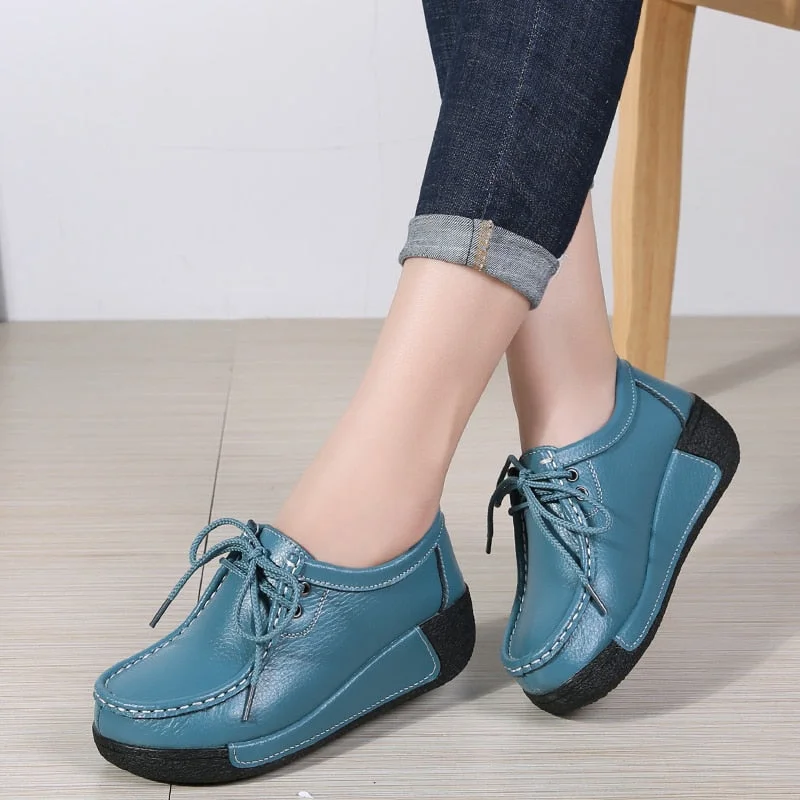 Women Flats Comfortable Loafers Shoes Woman Breathable Leather Lace-up Sneakers Women Fashion Black Soft Casual Shoes Female