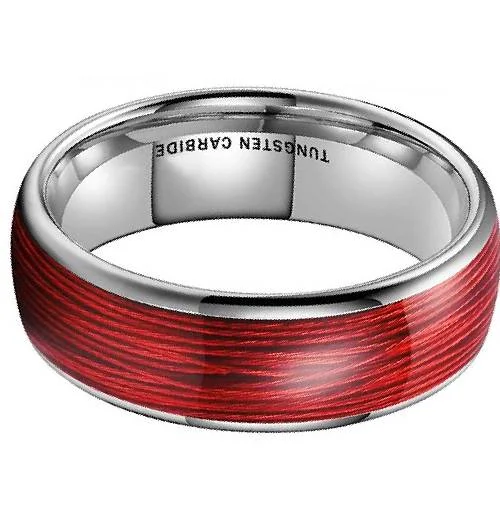 6MM 8MM Women Mens Silver Tungsten Matching Colorful Fragments Inlay Steel Red Wire Inlay Domed Style High Polished Wedding Bands