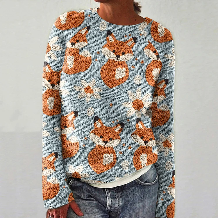 Colorful Fox Print Women's Crew Neck Sweater