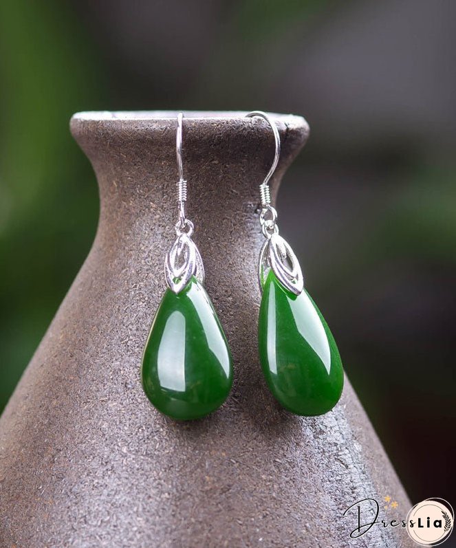 Retro Silk Sterling Silver Inlaid Jade Water Drops Drop Earrings