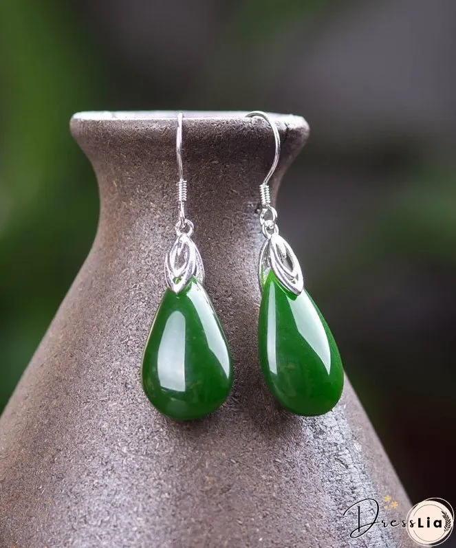 Retro Silk Sterling Silver Inlaid Jade Water Drops Drop Earrings