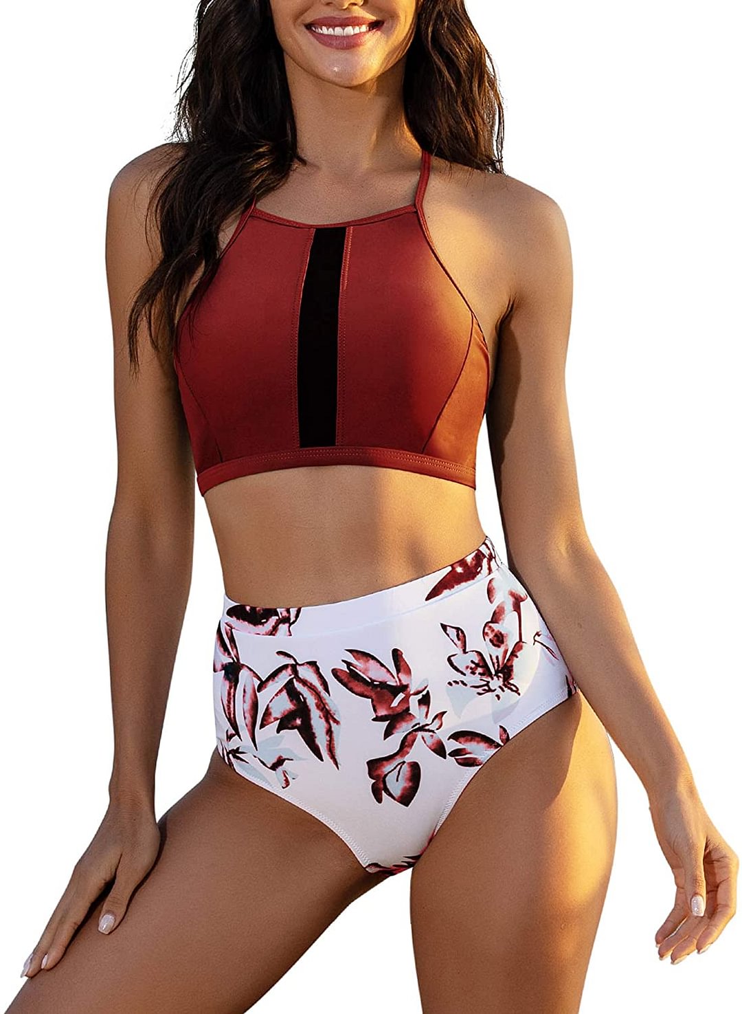 Women High Waisted Swimsuit Two Piece Bathing Suits Bikini Set Leaf Print Bikini