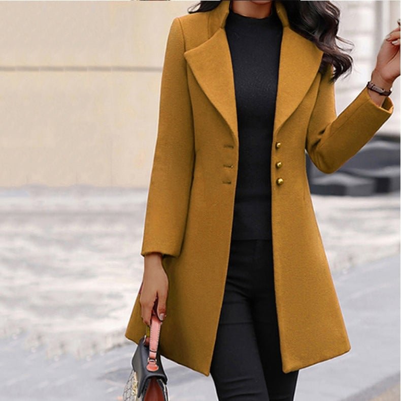 Long Lapel Slim Solid Color Slim Woolen Coat | EGEMISS