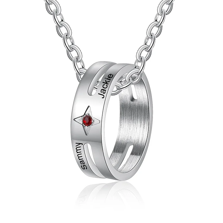 Personalized 2 Name Ring Pendant Necklace with 1 Birthstone for Women