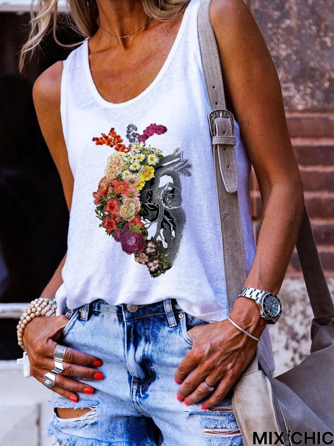 White Sleeveless Casual Floral Shirts & Tops