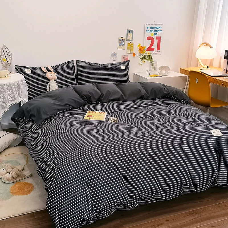 Aonga Japanese Style Bedding Set Simple Nordic Comforter Cover Flat Sheet Pillowcase Single King Size Microfiber Girls Boys Bed Linens aonga