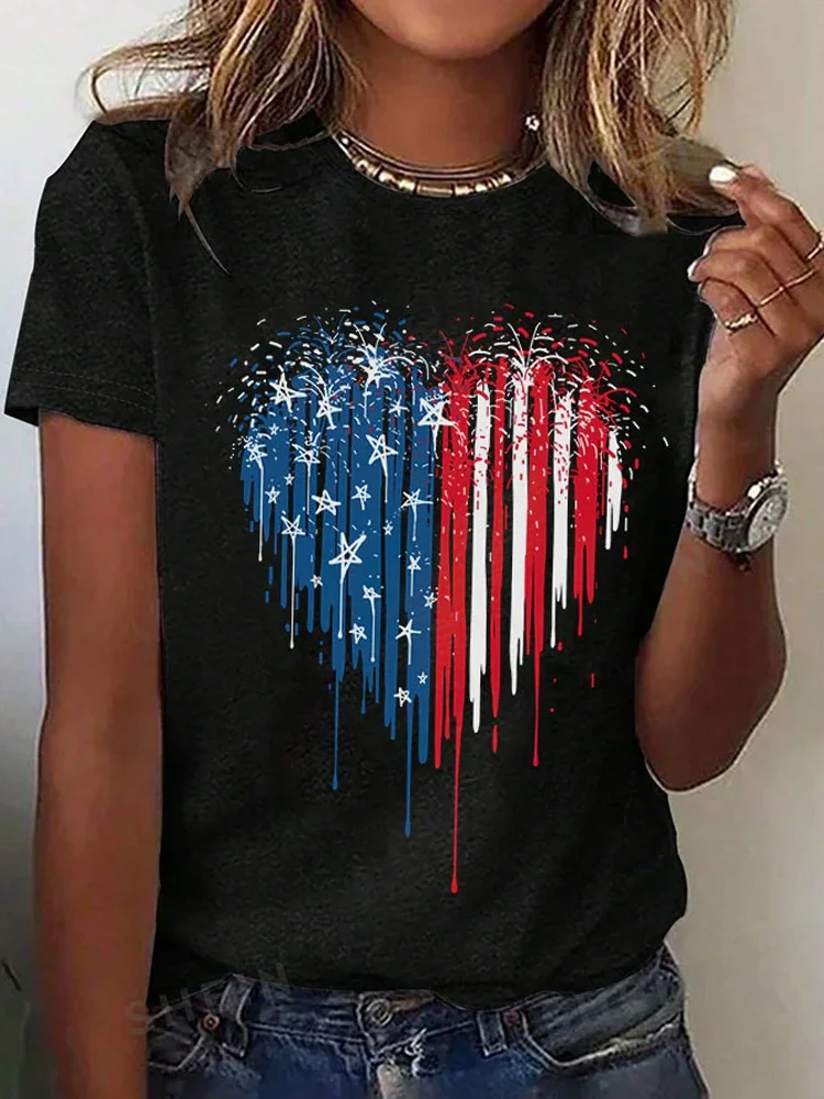 Women's Independence Day Love Fireworks Print T-Shirt