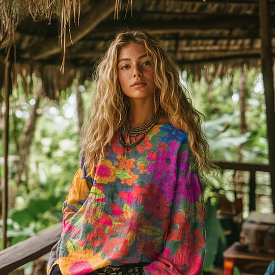 Vintage Bohemian Floral Print Cotton and Linen Loose Top