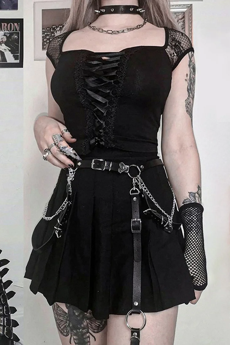 Gothic Black Casual Lace Patchwork Lace Up Square Neck Blouse