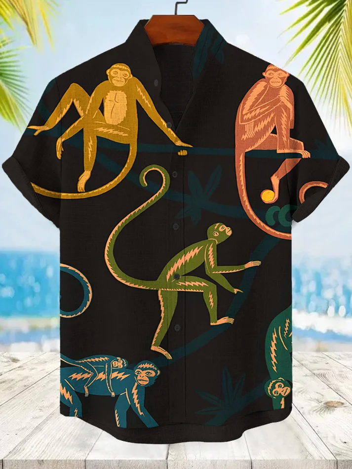 Men's Monkeys On Hawaiian Trees Print Casual Shirt