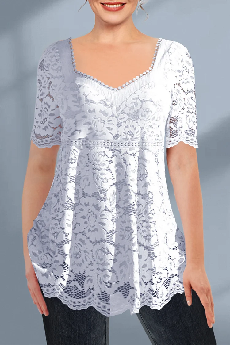 Plus Size Lace Half Sleeve Lacework V Neck Casual Blouses  Flycurvy [product_label]