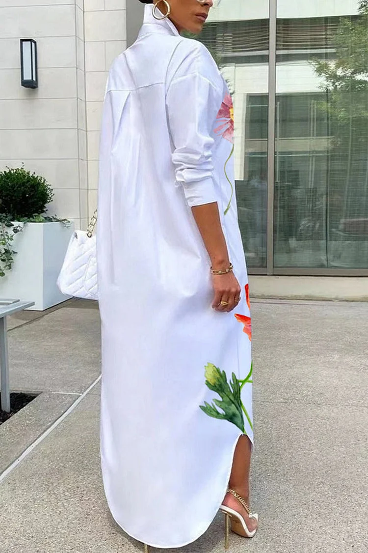 Plus Size Business Casual White Elegant Floral Shirt Collar Long Sleeve Maxi Dresses