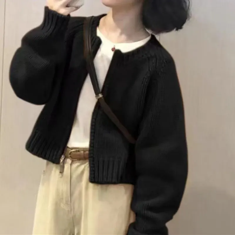Churchf Churchf Short Round Collar Zipper Candy Color Knit Cardigan Female Autumn Winter New Show Thin Versatile Sweater Coat