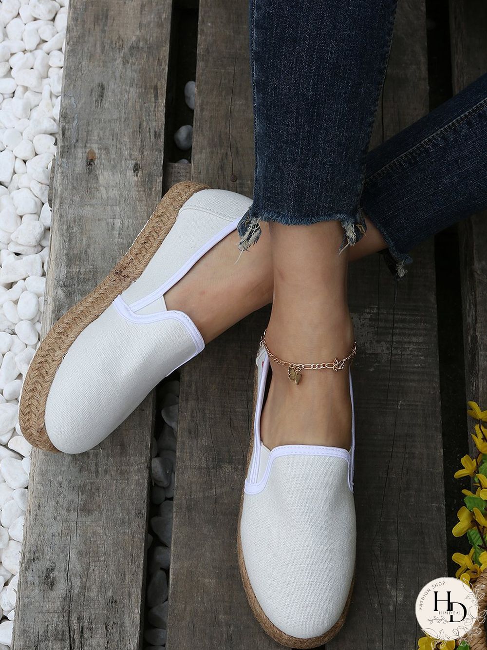 Black White Canvas Straw Platform Loafers