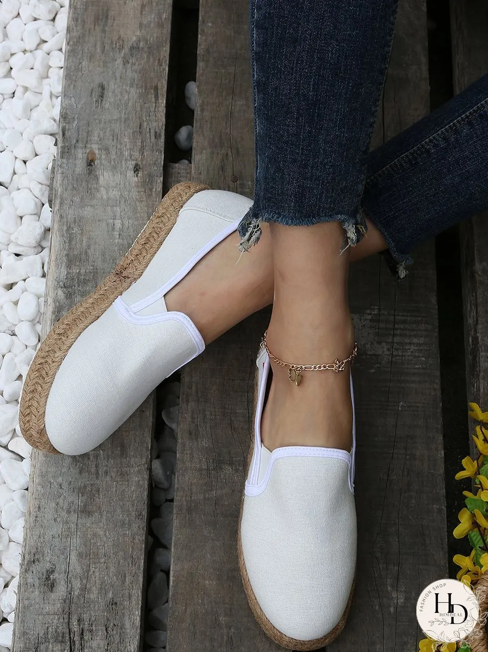 Black White Canvas Straw Platform Loafers