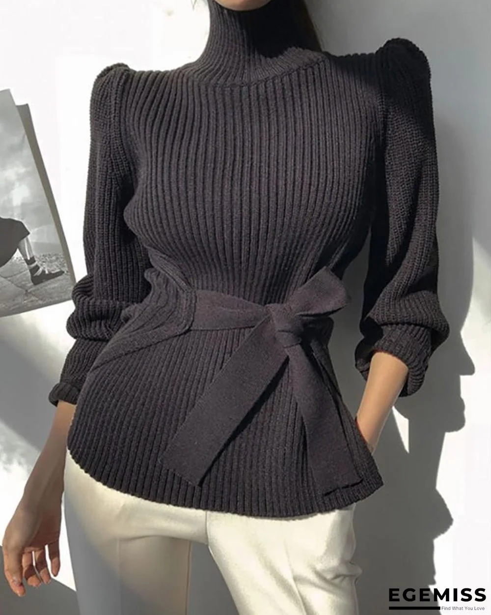 High Neck Puff Sleeve Tied Detail Sweater | EGEMISS