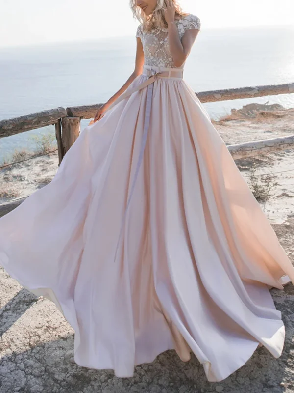 Round Neck Short Sleeve Lace Maxi Dress