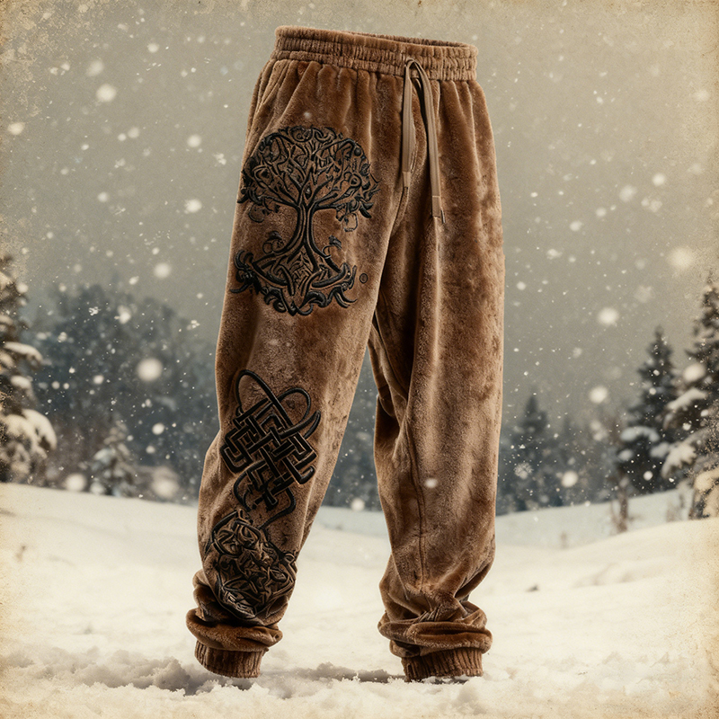 Men's Retro Viking Rune And Tree Of Life Pattern Plush Pants elevenforest