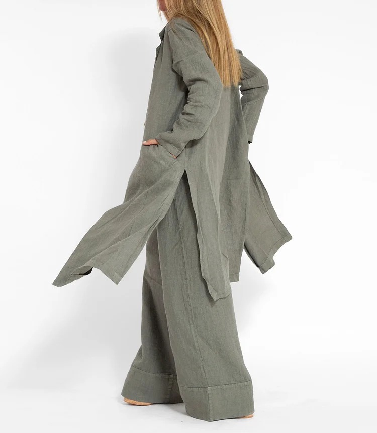Women Green Taupe Linen Coat