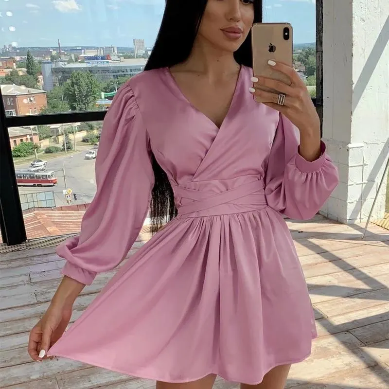Women Sexy Sashes Satin A Line Mini Dress Deep V Neck Front Cross Lantern Sleeve Drawn Back Casual Dress 2021 New Women Dress