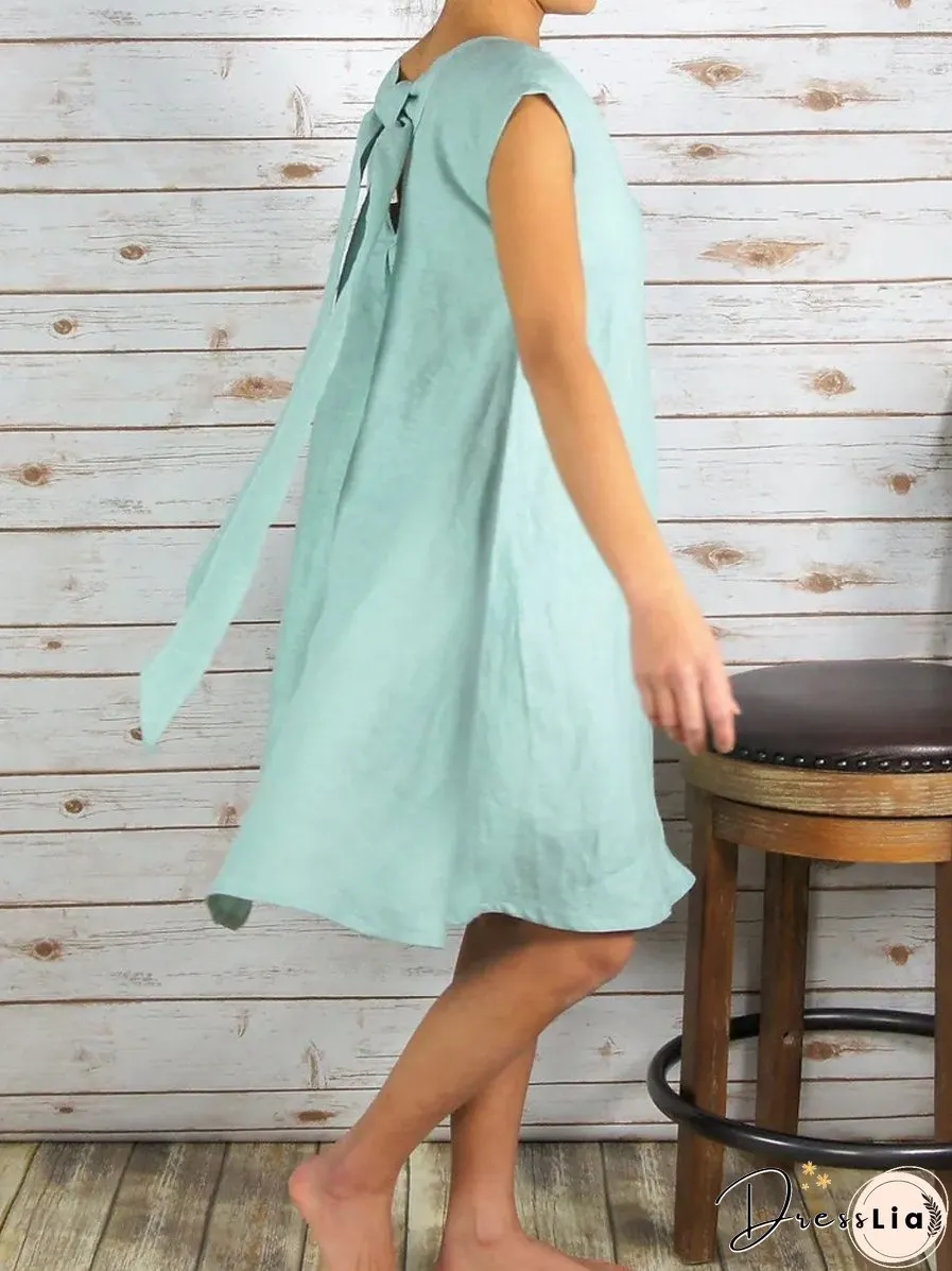 Bow Short Sleeve Cotton Linen Midi Dress