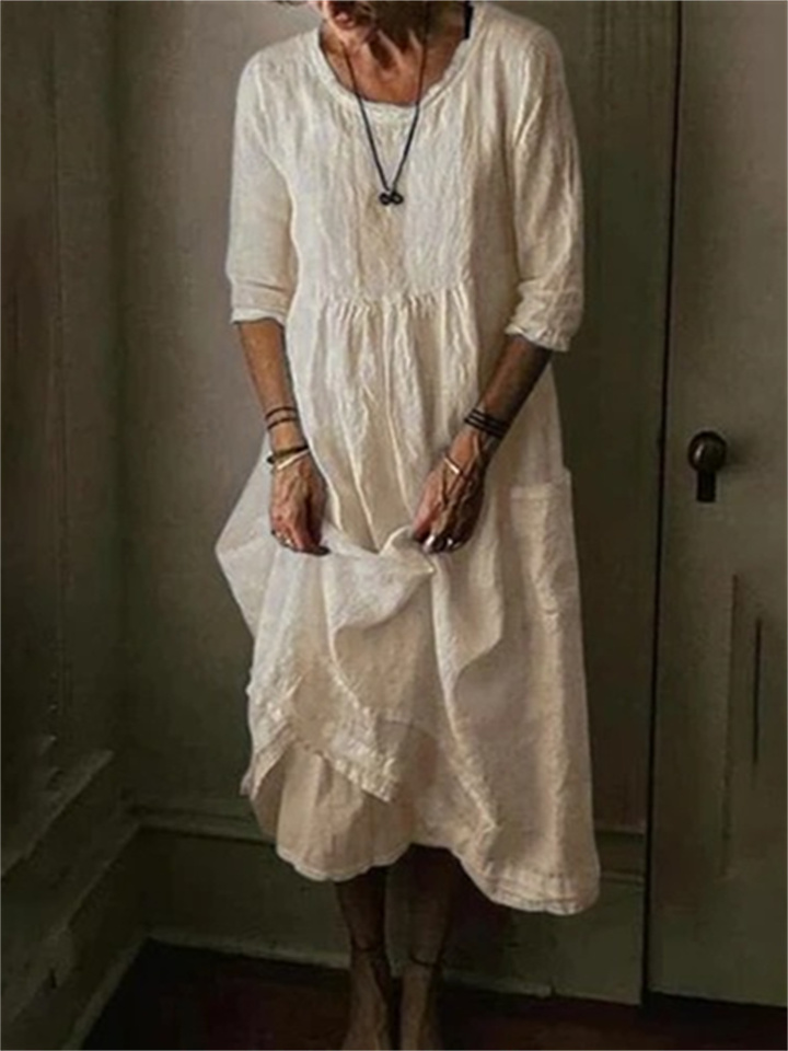 Casual Round Neck Linen Solid Color Long Dress