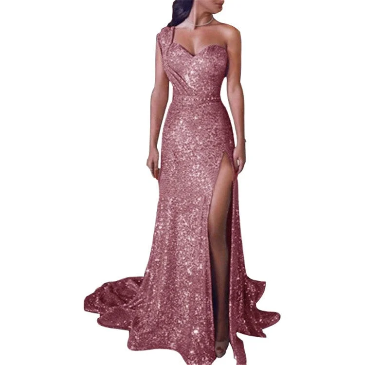 Evening Dress Sequins Glitter One Shoulder High Split Floor Length Dress