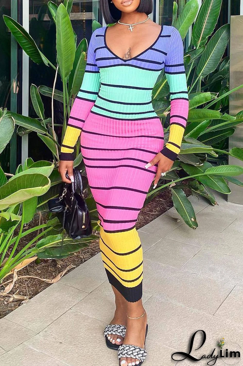 Pink Sexy Striped Print Patchwork V Neck Pencil Skirt Dresses