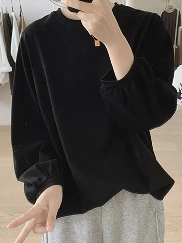 Long Sleeves Loose Pleated Solid Color Round-Neck T-Shirts Tops