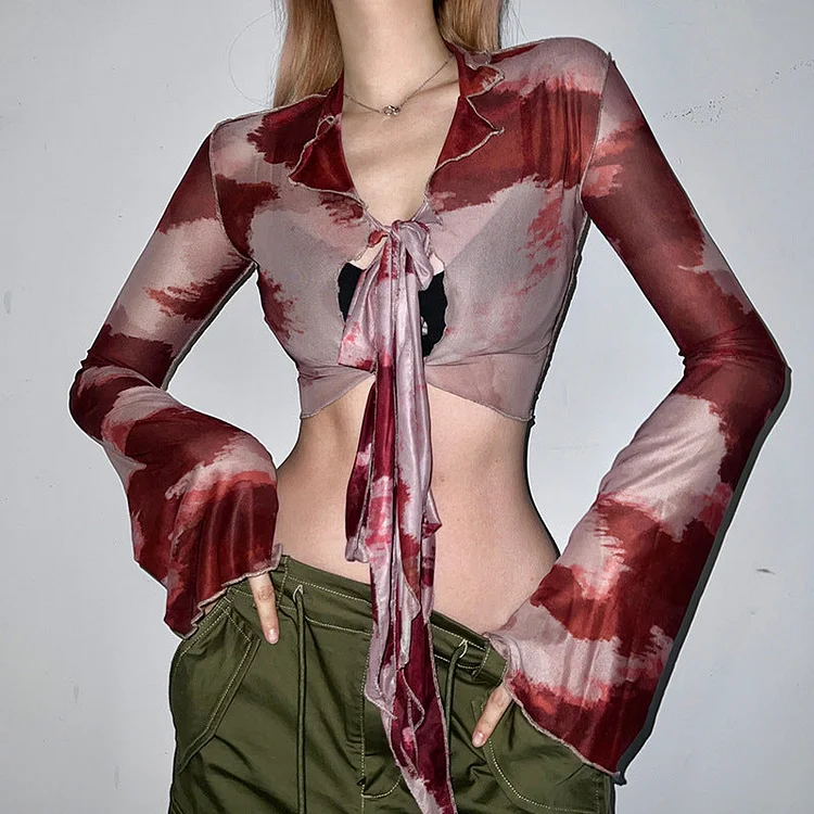 Spring Summer Tie Dye Contrast Color Collar Hollow Out Cutout Smock Top