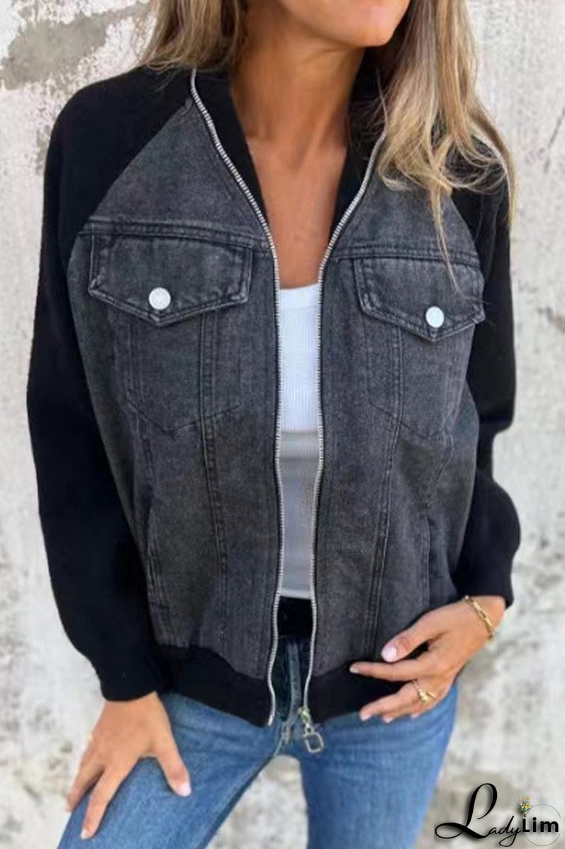 Casual Solid Color Patchwork Zipper Contrast Turndown Collar Outerwear(8 Colors)