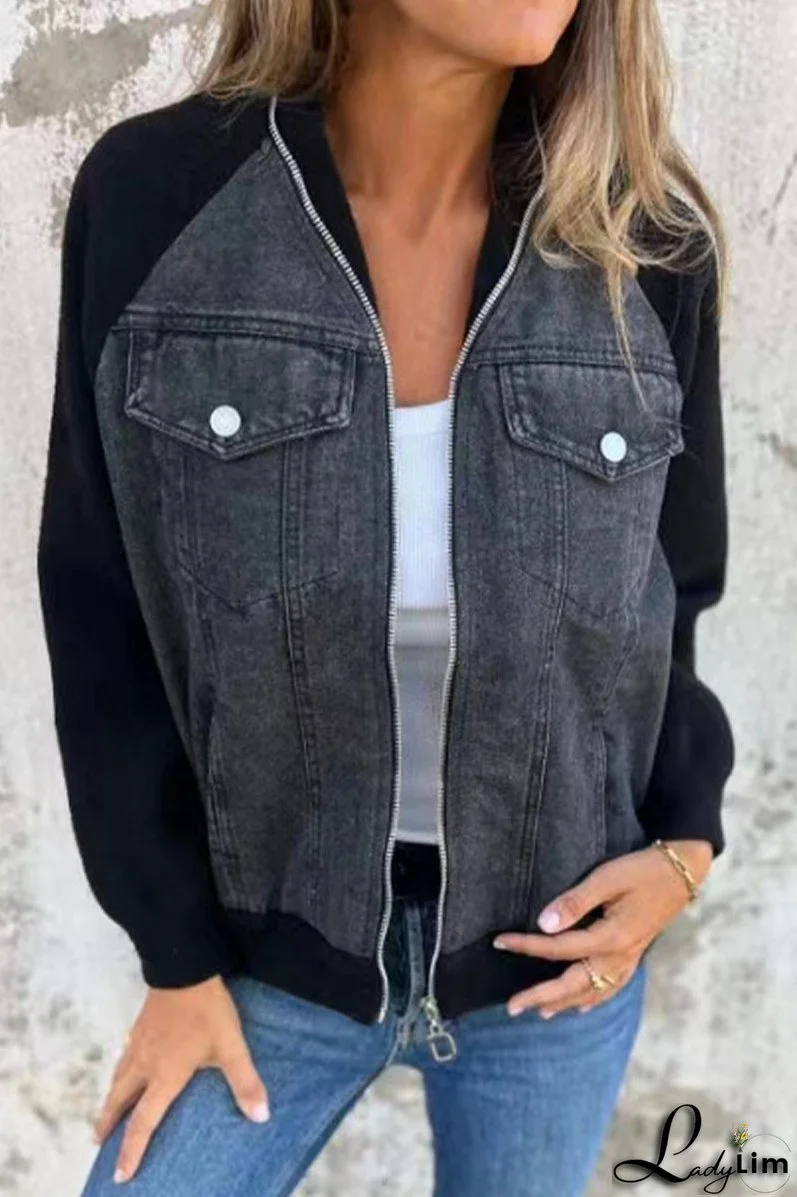 Casual Solid Color Patchwork Zipper Contrast Turndown Collar Outerwear(8 Colors)