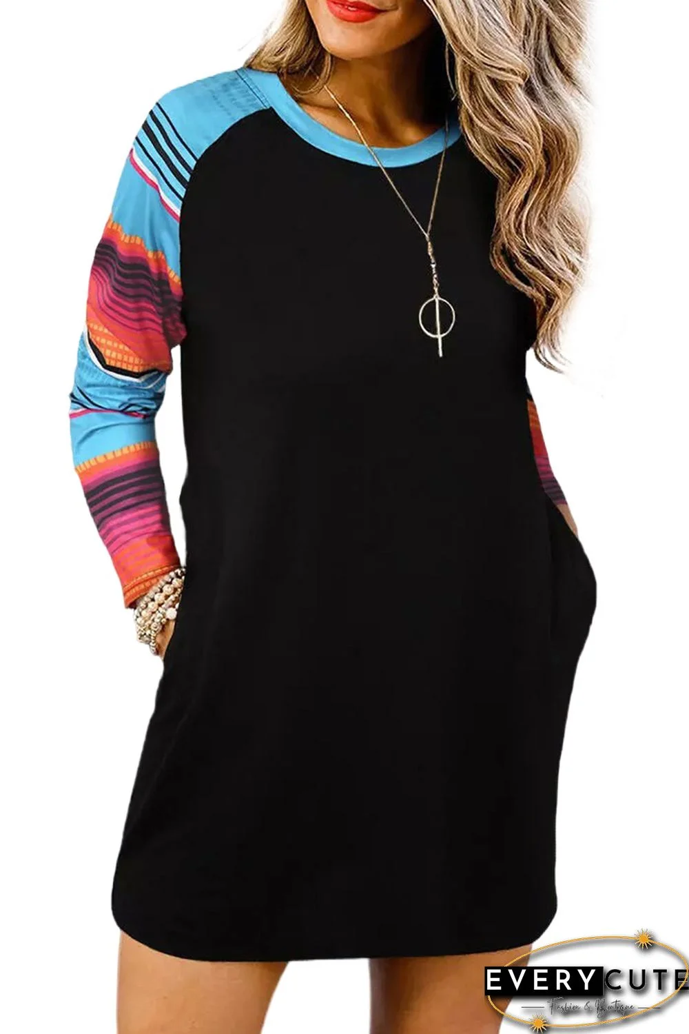 Striped Raglan Long Sleeve Shift Mini Dress