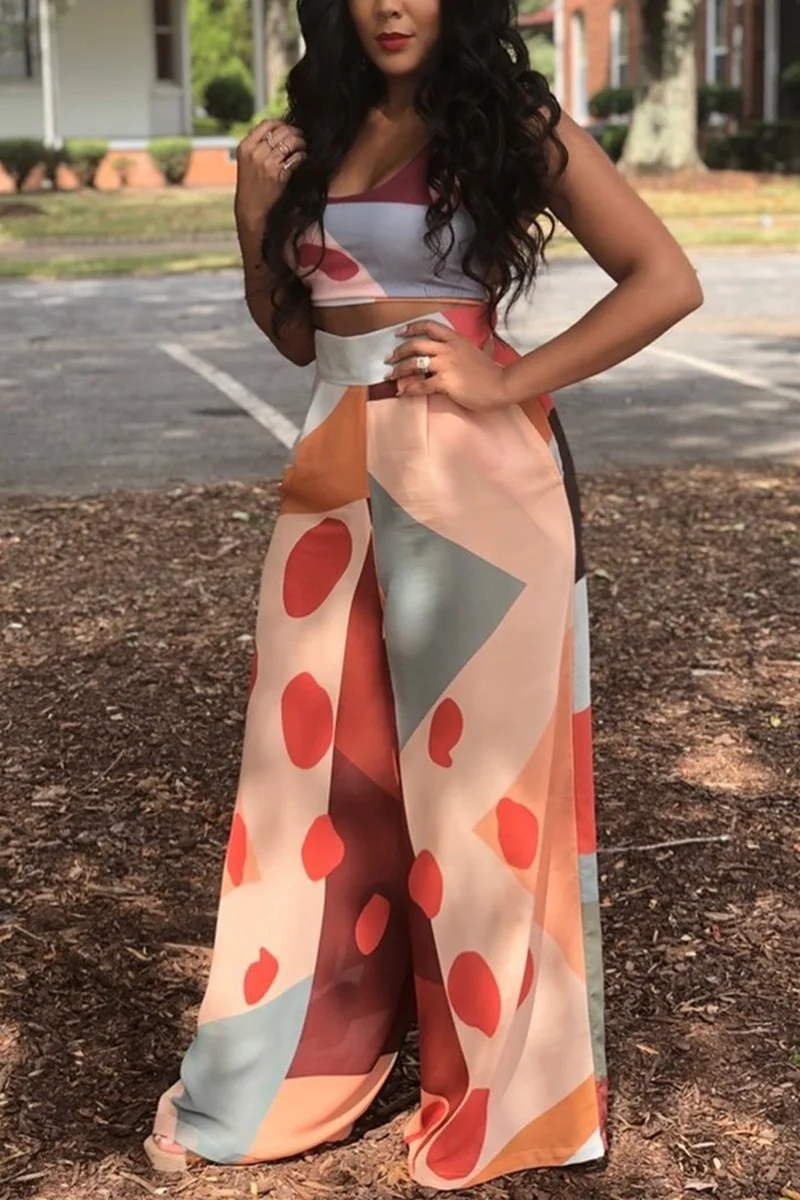 Multicolor Sexy Printed Strapless Wide Leg Pants Set | EGEMISS