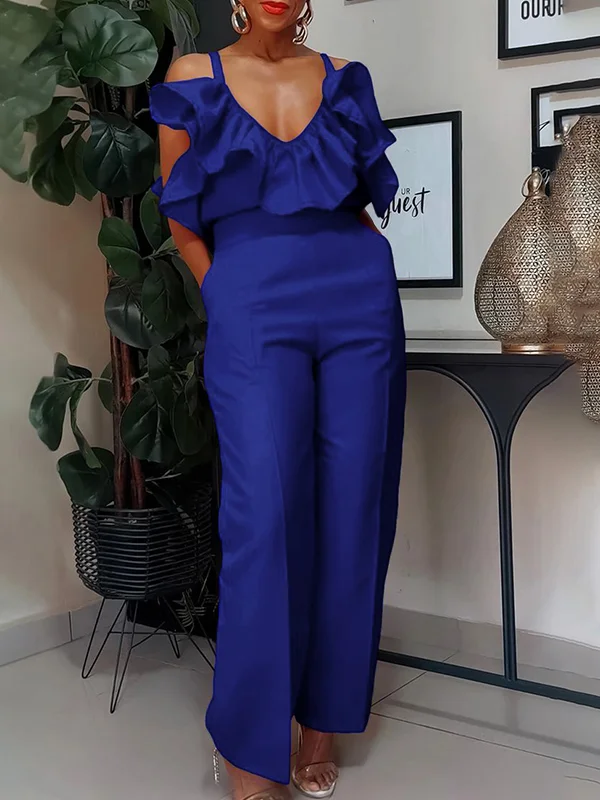 High Waisted Sleeveless Pleated Pockets Ruffled Solid Color Spaghetti-Neck Jumpsuits