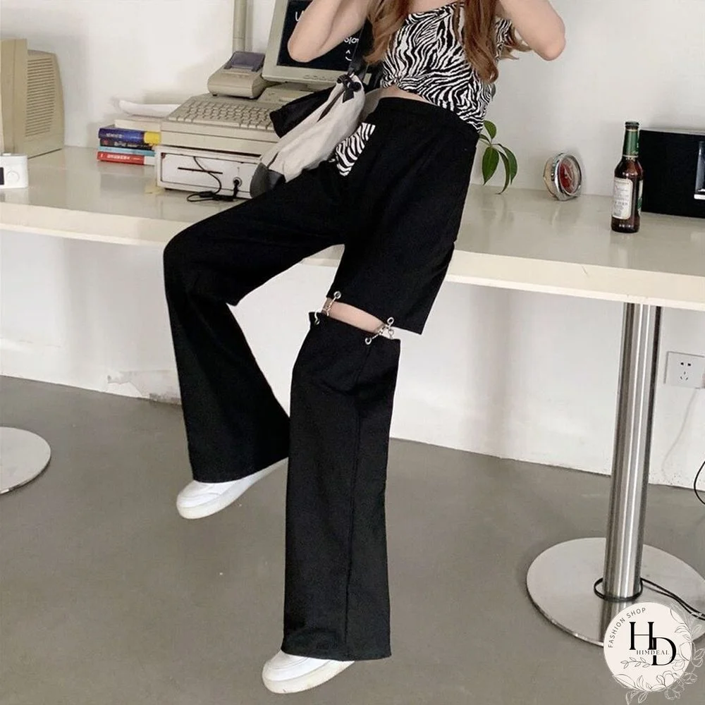 Fashion Harajuku Hollow Out Wide Leg Pants Women High Waist Elastic Streetwear Straight Trousers Summer Hip Hop BF Goth Pants