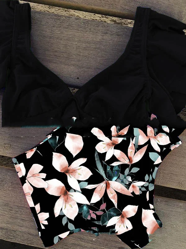 Sexy Falbala Folral-Printed Deep V-Neck Bikinis Swimsuit 