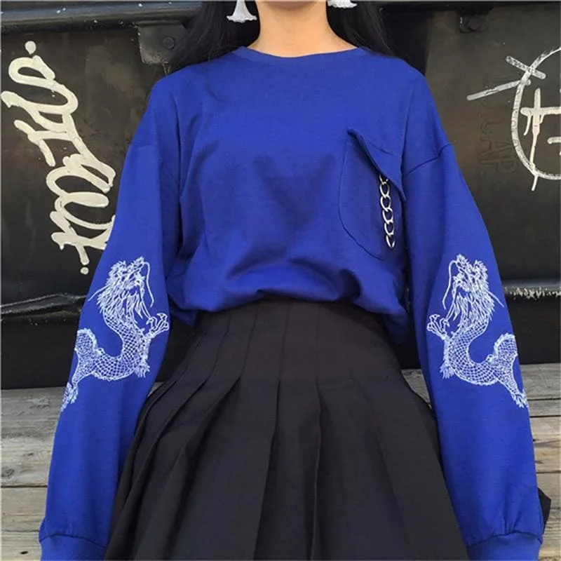 Black/Blue Dragon Embroidery Hoodie Jumper SP14415
