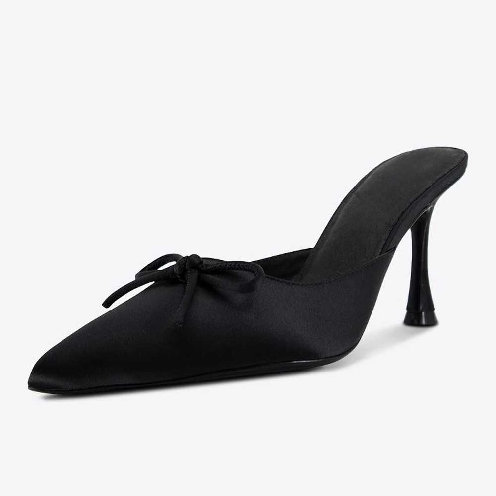 Black Satin Pointed Toe Stiletto Heel Mules Shoes with Bow Tie Nicepairs