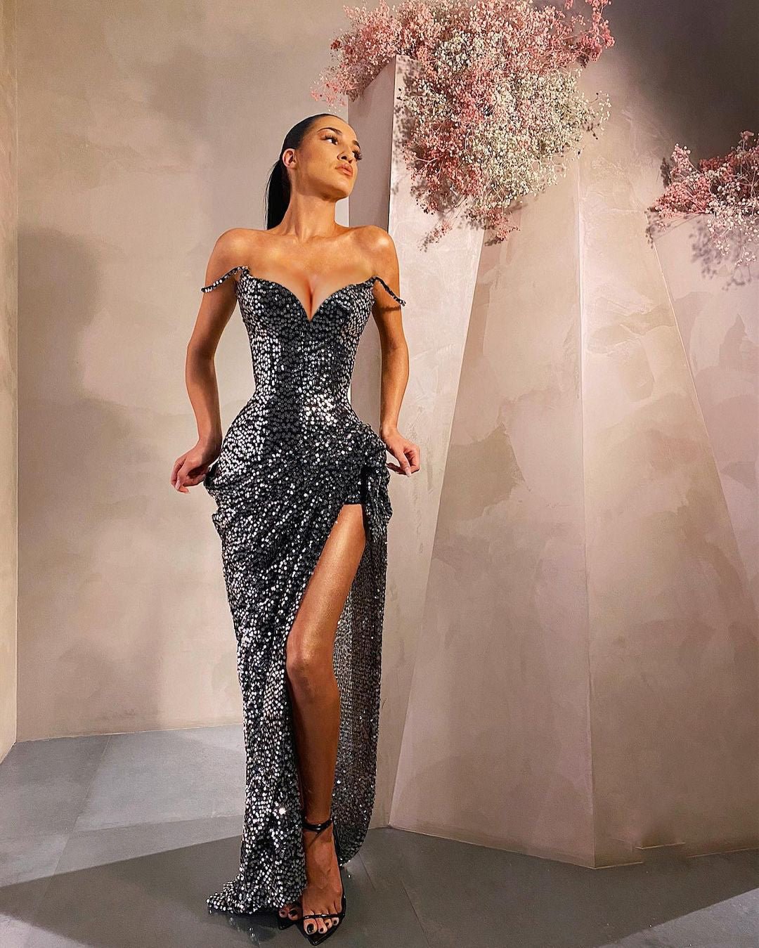 Neosepa-Sexy off-the-shoulder sequin split evening dress