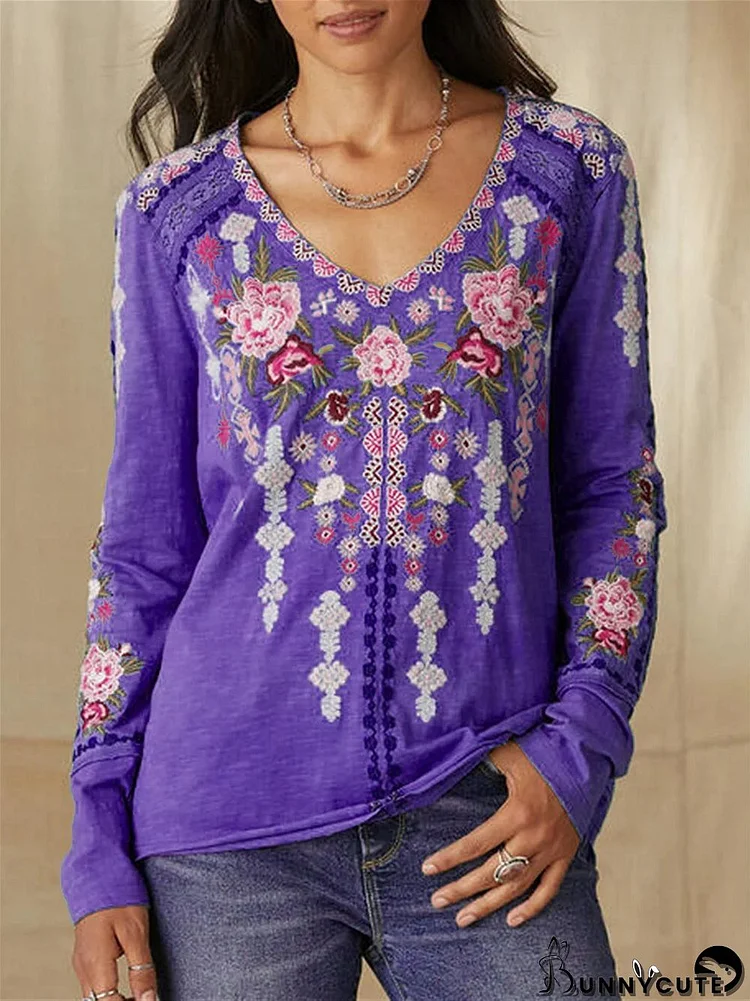 Women's Long Sleeve V-neck Graphic Floral Printed Top