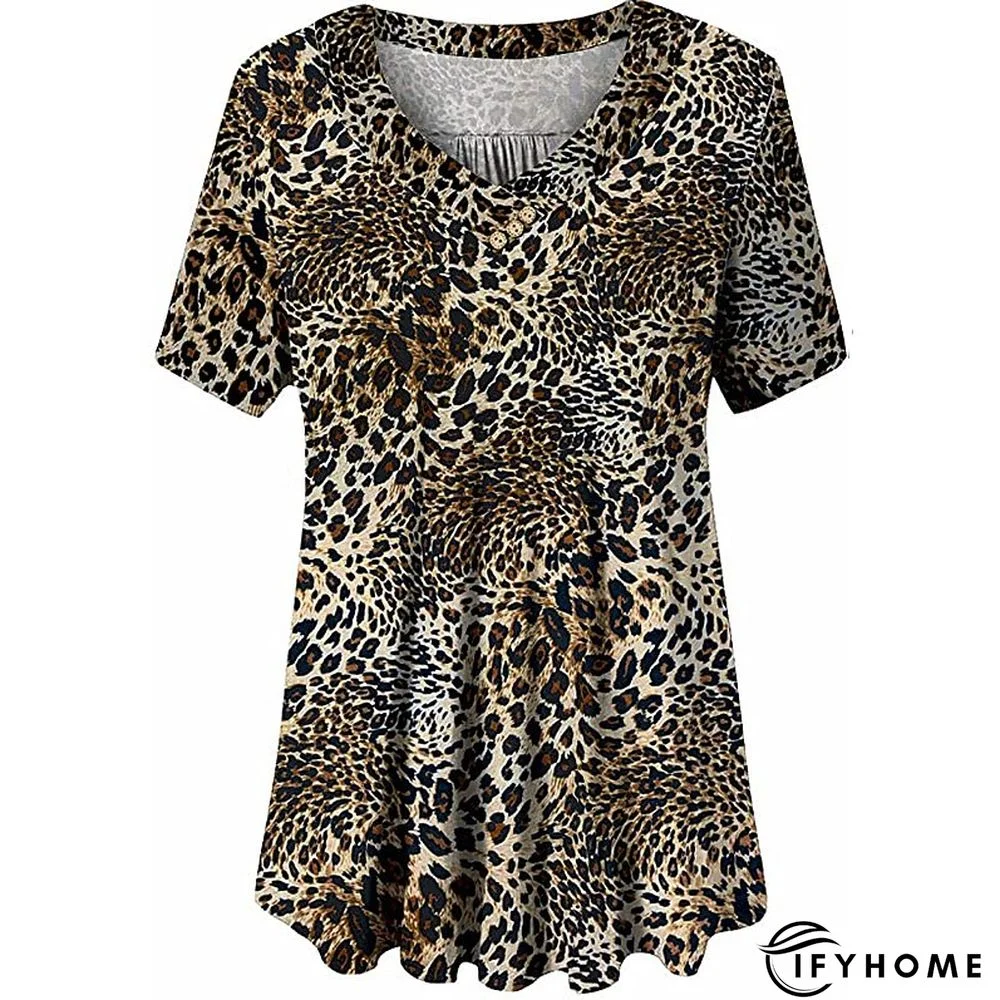 Women's Shirt Blouse Denim Blue Black White Leopard Floral Print Short Sleeve Casual Holiday Basic V Neck Regular Floral Plus Size M | IFYHOME