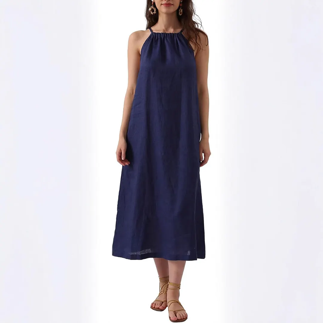 Women's Linen Blend Halter Neck Maxi Dress