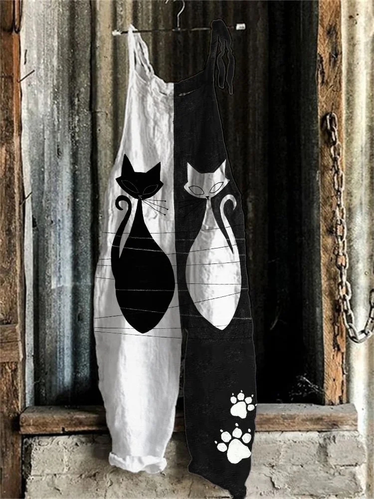 Black & White Cats Paw Prints Contrast Color Jumpsuit
