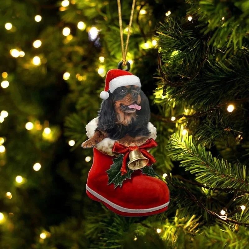 VigorDaily Cavalier King Charles Spaniel Black And Tan In Santa Boot Christmas Hanging Ornament SB061