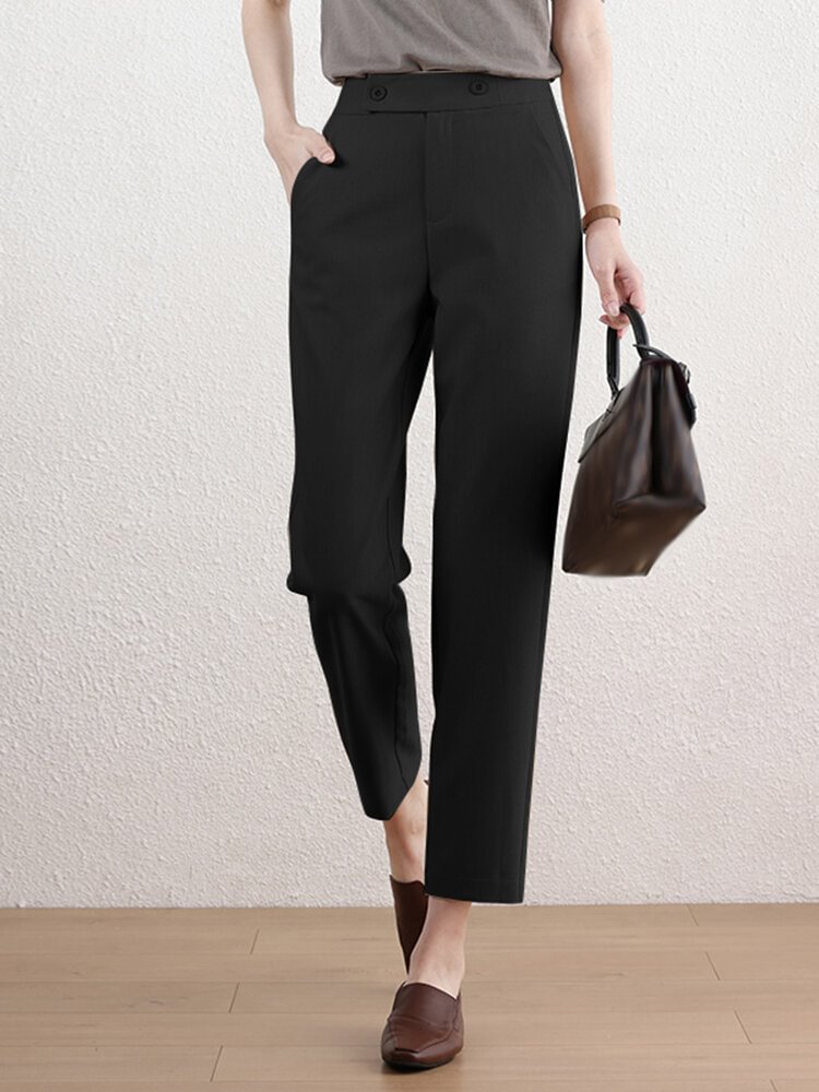 Solid Pocket Zip Front Tailored Pants For Women