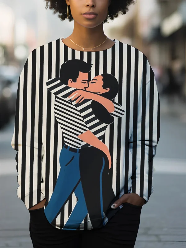 Women's Striped Couple Kissing Art Print Casual Sweatshirt